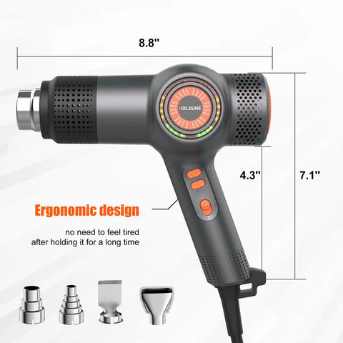 Beast 1800W Heat Gun With Fast Heating, LED Temperature Display, ergonomic design, includes 4 nozzles, dimensions shown