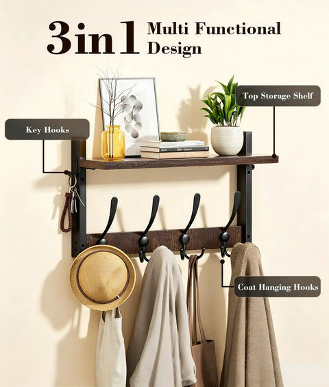 Top Notch Wall Mount Wood Coat Rack Sweet Space Saving Shelf Display Hook System with top shelf, key hooks, and coat hooks.