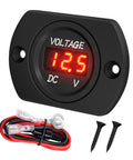 12V Red LED Digital Voltmeter Gauge Waterproof 24V 36V Compatible Car Truck RV Boat Marine Volt Meter With Easy Panel Or 29mm Hole Mount Built Tough Readout For Auto And Marine Use, front view with wiring and screws