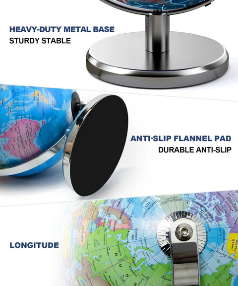 Sturdy base and anti-slip pad details of Illuminated 8 Inch World Globe With Constellation Night Light For Kids And Adults.