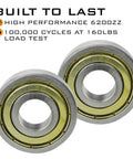 Close-up of two 6200ZZ Beefed Up Performance Bearings for 2 Inch Nylon Sealed Garage Door Rollers with sealed cap protection.