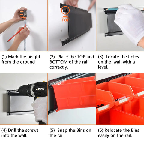 Steps to install Wall Mounted Tool Organizer With Ten Bins And Three Rails, Space Saving Wall Storage Rack for garage