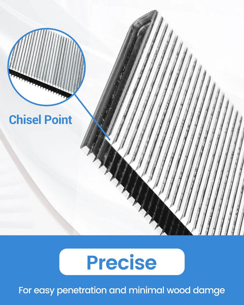 Close-up of Premium Pro Grade 18 Gauge Narrow Crown Staples 1-1/4 Inch Length showcasing chisel point design for precise use.