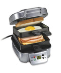 Hamilton Beach Sandwich Stacker Toaster Oven Grilling Machine For Homemade Hot Pizzas, Melts, Subs, And Quick Breakfast Or Dinner Favorites With Easy Nonstick Plates And Customizable Design showing grilled sandwich ingredients and timer.
