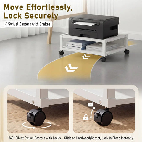 Totally Slick Two Tier Rolling Printer Stand Under Desk With Open Bottom Shelf And Heavy Duty Swivel Casters For Zero Hassle Home Office Workspace Organization White