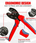 Red and black ergonomic handle of Solar Crimper Tool Kit With Y Connector 24 Piece All In One Solar Wiring Kit For PV MC4 Connectors 10 14 AWG Ratcheting Crimper 10 Pairs UV Resistant MC4 Connectors And 2 Wrenches Easy Install
