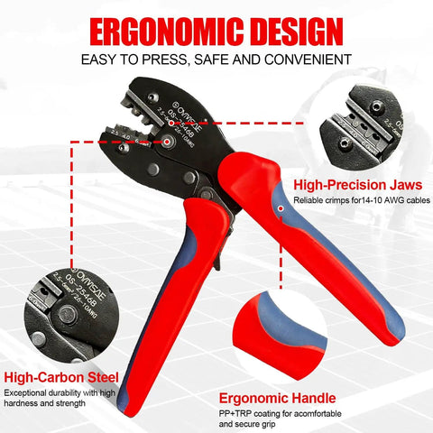 Red and black ergonomic handle of Solar Crimper Tool Kit With Y Connector 24 Piece All In One Solar Wiring Kit For PV MC4 Connectors 10 14 AWG Ratcheting Crimper 10 Pairs UV Resistant MC4 Connectors And 2 Wrenches Easy Install