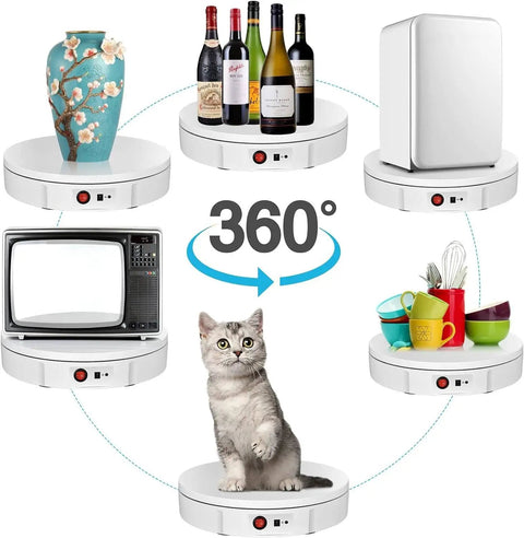 Awesome Electric Turntable For Live Video Broadcasts With Remote Speed Control And 22 To 60 Second Rotation Timing showcasing various items like a vase, wine bottles, and a cat.