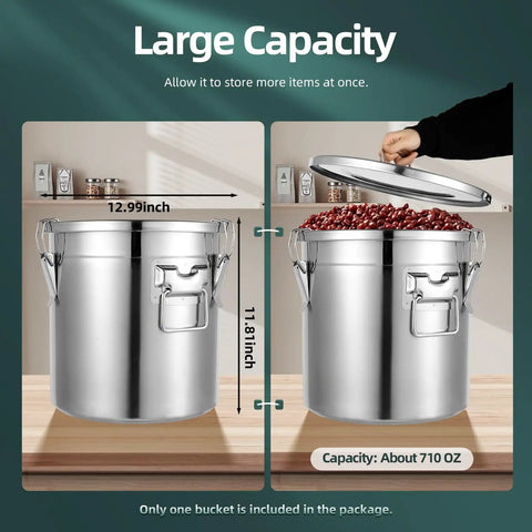 Top Shelf 304 Stainless Steel Airtight Storage Canister With Hella Secure Locking Clamps 5 Point 5 Gallon Kitchen Food Jars dimensions shown.