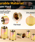 All In One Metric Rivet Nut Kit With 200 Pcs Carbon Steel Rivet Nuts M3 M4 M5 M6 M8 UNC Flat Head Nutserts With Knurled Deep Threads For Automotive Mechanical And Equipment Installations showing zinc-plated flat head details.