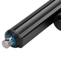 12V heavy-duty linear actuator, close-up view of black housing with silver piston rod and blue seal