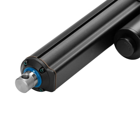 12V heavy-duty linear actuator, close-up view of black housing with silver piston rod and blue seal