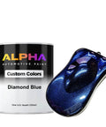 Pro Grade Automotive Basecoat Midcoat Paint Gallon Dope Diamond Blue Finish Ready To Spray With Medium Reducer next to a sample product.