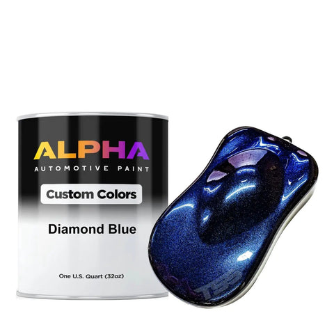 Pro Grade Automotive Basecoat Midcoat Paint Gallon Dope Diamond Blue Finish Ready To Spray With Medium Reducer next to a sample product.