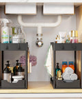 Smooth Pullout Under Sink Organizer Two Pack Heavy Duty Metal Rack For Kitchen And Bathroom Big Stack Zero Clutter Solid Setup Storage Game Changer In Black, showcasing dual metal racks holding cleaning supplies and toiletries.