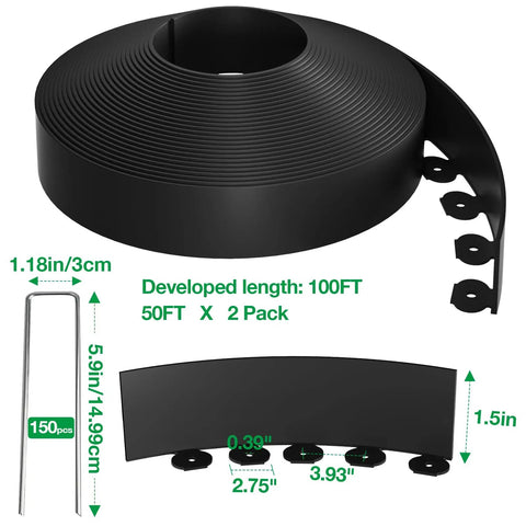 1.5 Inch Landscape Edging Kit With 100 Feet Total No Dig Lawn Border, roll, spikes, dimensions visible