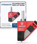 Pro Grade Precision Drag Knife Three Eighths Inch Shaft For CNC Router With Adjustable Depth And Dual Bearings shown in red casing.