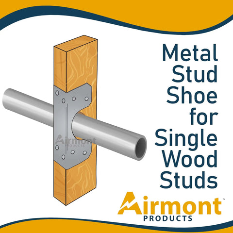 Illustration of metal stud shoe securing a pipe through a wood stud. Pack Of 25 Metal Stud Shoes For One Wood Stud with reinforced rib.