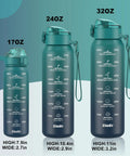 Three sizes of SluxKe water bottles: 170oz, 240oz, and 320oz with motivational quotes and measurements.
