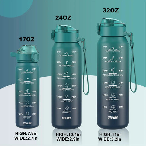 Three sizes of SluxKe water bottles: 170oz, 240oz, and 320oz with motivational quotes and measurements.