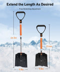 Lightweight Plastic Snow Shovel With Extendable Handle For Driveways And Cars, showing extended and compact lengths.