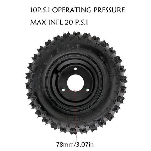 Rear Axle Shaft Assembly Kit 740mm 29 1/8in With 4.10-6 Tire 6 Inch Rim, front view showing tire operating pressures.