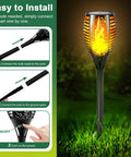 Six Pack 51 LED Solar Torch Lights With Flickering Flame 23 Inch Tall Outdoor Garden Yard Pathway Tiki Torches Waterproof Patio Lawn Decor Auto On Off Solar Power with installation guide.