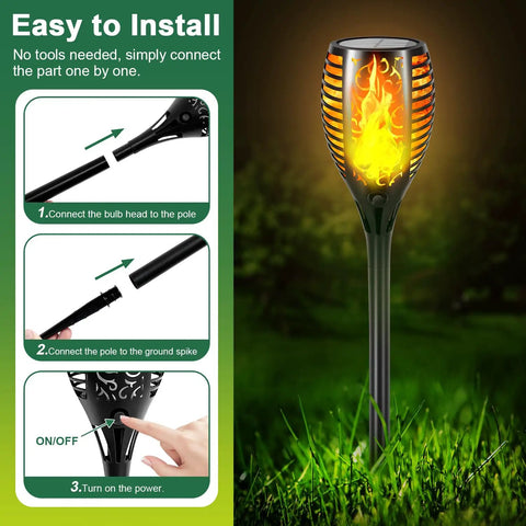 Six Pack 51 LED Solar Torch Lights With Flickering Flame 23 Inch Tall Outdoor Garden Yard Pathway Tiki Torches Waterproof Patio Lawn Decor Auto On Off Solar Power with installation guide.