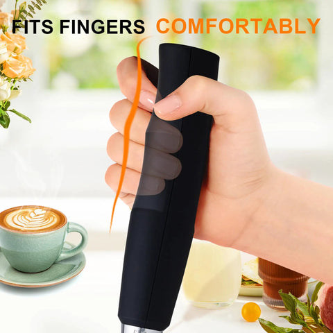 Rechargeable USB Milk Frother Wand With Three Heads And Three Speeds For Lattes Cappuccinos Hot Chocolate And Egg Mixing Portable Handheld Electric Whisk For Home Barista Use Eco Friendly USB Charging black handle held in hand