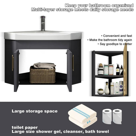 Sleek Wall Mount Vanity Sink With Floating Cabinet And Brushed Nickel Faucet Real Easy Install For Tiny Bathrooms And Urban Condos Compact corner basin with open storage space.