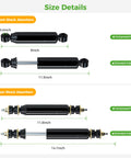Size details of Smooth Ride Front And Rear Golf Cart Shock Absorber Kit for Club Car DS showing front and rear shock dimensions