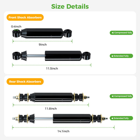 Size details of Smooth Ride Front And Rear Golf Cart Shock Absorber Kit for Club Car DS showing front and rear shock dimensions