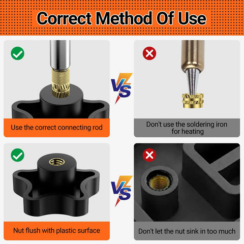 Image showing correct and incorrect methods for using 60W Soldering Iron Pro Grade Heat Set Insert Tip Kit With 350 Thread Inserts Includes 6 Heat Set Tips M2 M3 M4 M5 M6 M8 2 Soldering Tip Connecting Rods And 1 Tweezers in plastic.