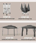 Assembly steps for 13x13 Pop Up Gazebo Tent With Mosquito Netting For Outdoor Lawn And Backyard Use in gray, showing setup process.