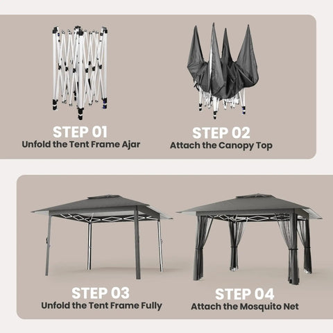 Assembly steps for 13x13 Pop Up Gazebo Tent With Mosquito Netting For Outdoor Lawn And Backyard Use in gray, showing setup process.