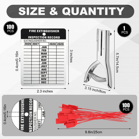 Heavy Duty Aluminum Fire Extinguisher Tags Bulk Pack Featuring Monthly 2026 To 2029 Dates with metal hole punch and tamper proof zip ties
