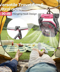 Pink 20000mAh Portable Camping Fan With LED Light Battery Powered Quiet Operation USB A And USB C Ports hanging in tent