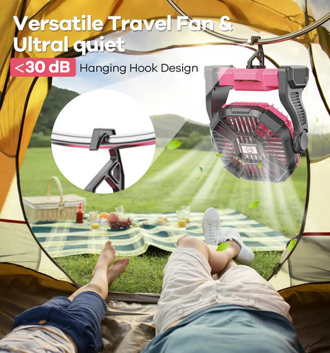 Pink 20000mAh Portable Camping Fan With LED Light Battery Powered Quiet Operation USB A And USB C Ports hanging in tent