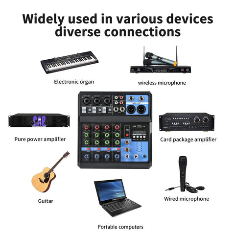 Five Channel DJ Mixer With Bluetooth USB Audio Interface And 48V Phantom Power FX Reverb And Delay Effects For Streaming Recording