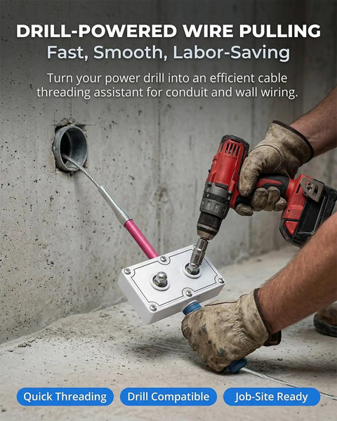 Drill Powered 2 In 1 Wire Puller And Feeder With Brushless Motor Fish Tape used on concrete wall conduit