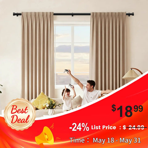 Adjustable Black Curtain Rod From 32 To 144 Inches Heavy Duty 1 Inch Curtain Rods For Windows with beige curtains