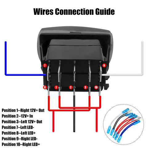 Wires connection guide for Rugged 12V LED Rocker Switch for Golf Carts UTVs and Dune Buggies Plug-and-Play Wiring Dual LEDs