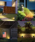 Outdoor Solar Spotlight Kit With 18 LED Ultra Bright Lights illuminating garden path, yard, and flag pole at night.
