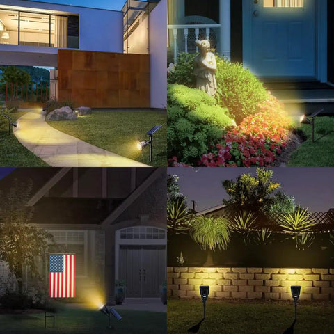 Outdoor Solar Spotlight Kit With 18 LED Ultra Bright Lights illuminating garden path, yard, and flag pole at night.