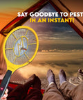 Two Pack Electric Fly Zapper Racket Battery Powered Bug Swatter for Indoor and Outdoor Pest Control held in a tent