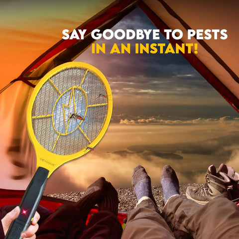 Two Pack Electric Fly Zapper Racket Battery Powered Bug Swatter for Indoor and Outdoor Pest Control held in a tent