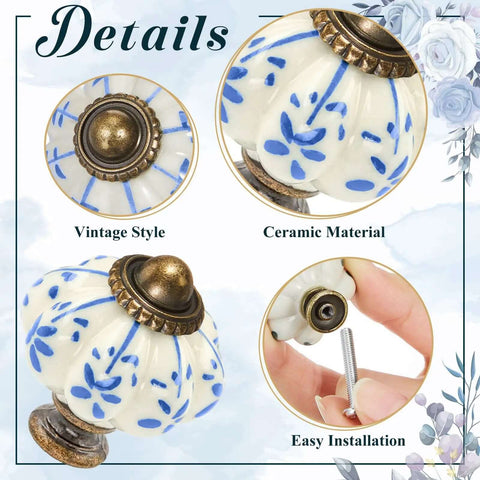 Close-up of Cool Blue Pumpkin Ceramic Cabinet Knobs, 30 Pack with bronze finish and mounting screws for retro style drawers.