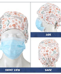 Three views of Six Pack Bouffant Scrub Caps With Buttons And Sweatband, floral pattern, featuring front, side, and back angles.