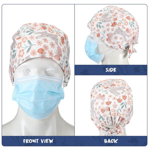 Three views of Six Pack Bouffant Scrub Caps With Buttons And Sweatband, floral pattern, featuring front, side, and back angles.
