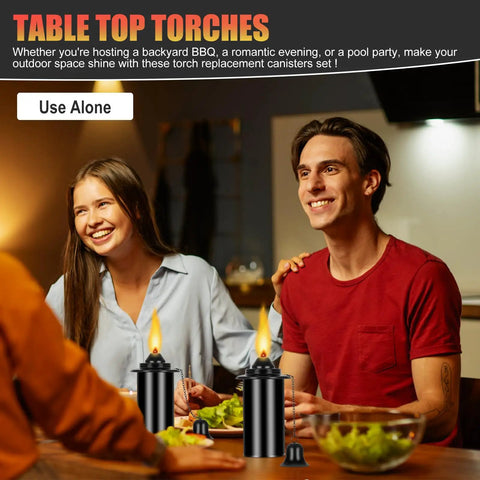 16 Ounce Torch Replacement Canisters for Refillable Bamboo Torch Fuel Citronella Tabletop Torches Outdoor Patio Garden Decor Black No Fuss Easy Pour Wide Mouth Design with Snuff Cap for Safe Extinguishing on dining table with people enjoying evening.
